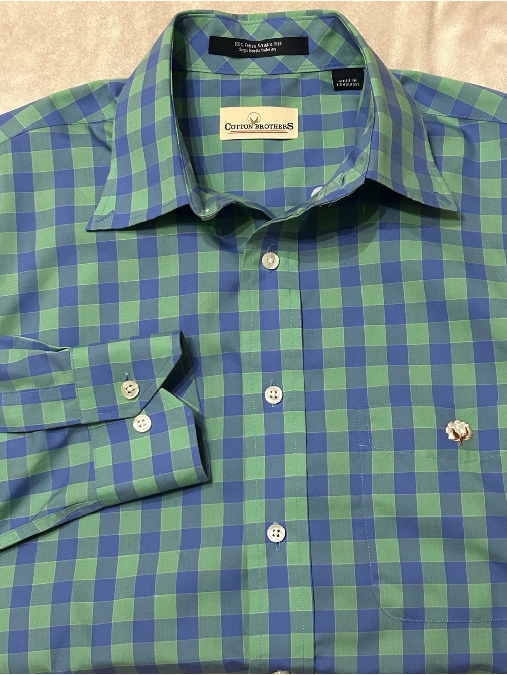 Cotton Brothers Shirt Mens Medium Green Blue Gingham Plaid Wrinkle Free Button U